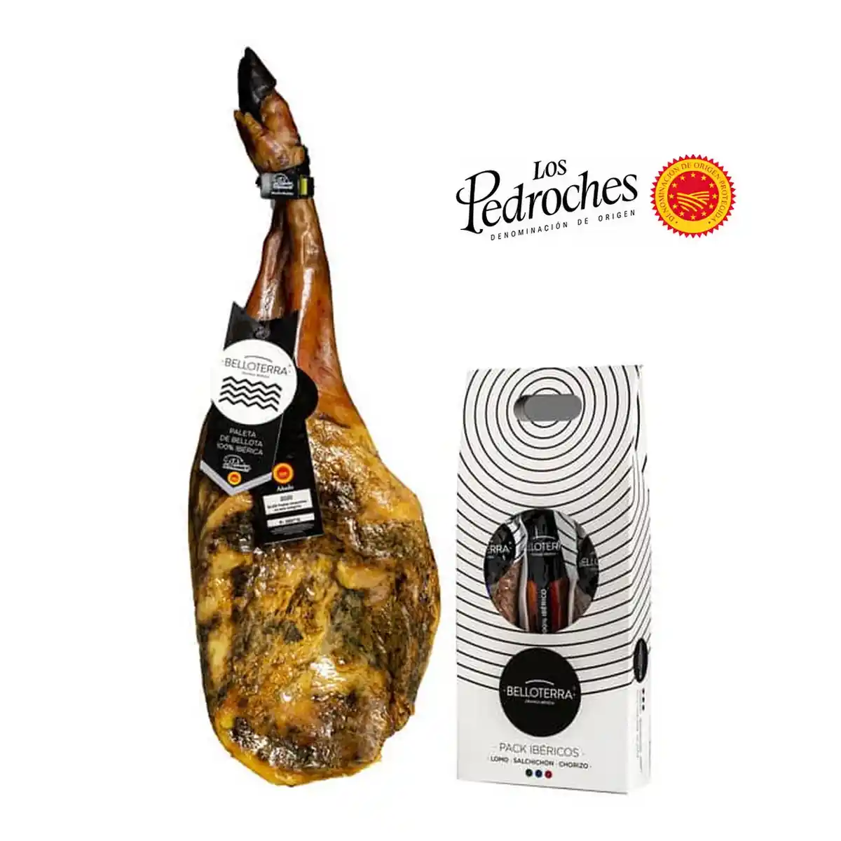 Paleta de Bellota 100% Ibérica DOP Los Pedroches con pack de lomo, salchichón y chorizo ibéricos Belloterra