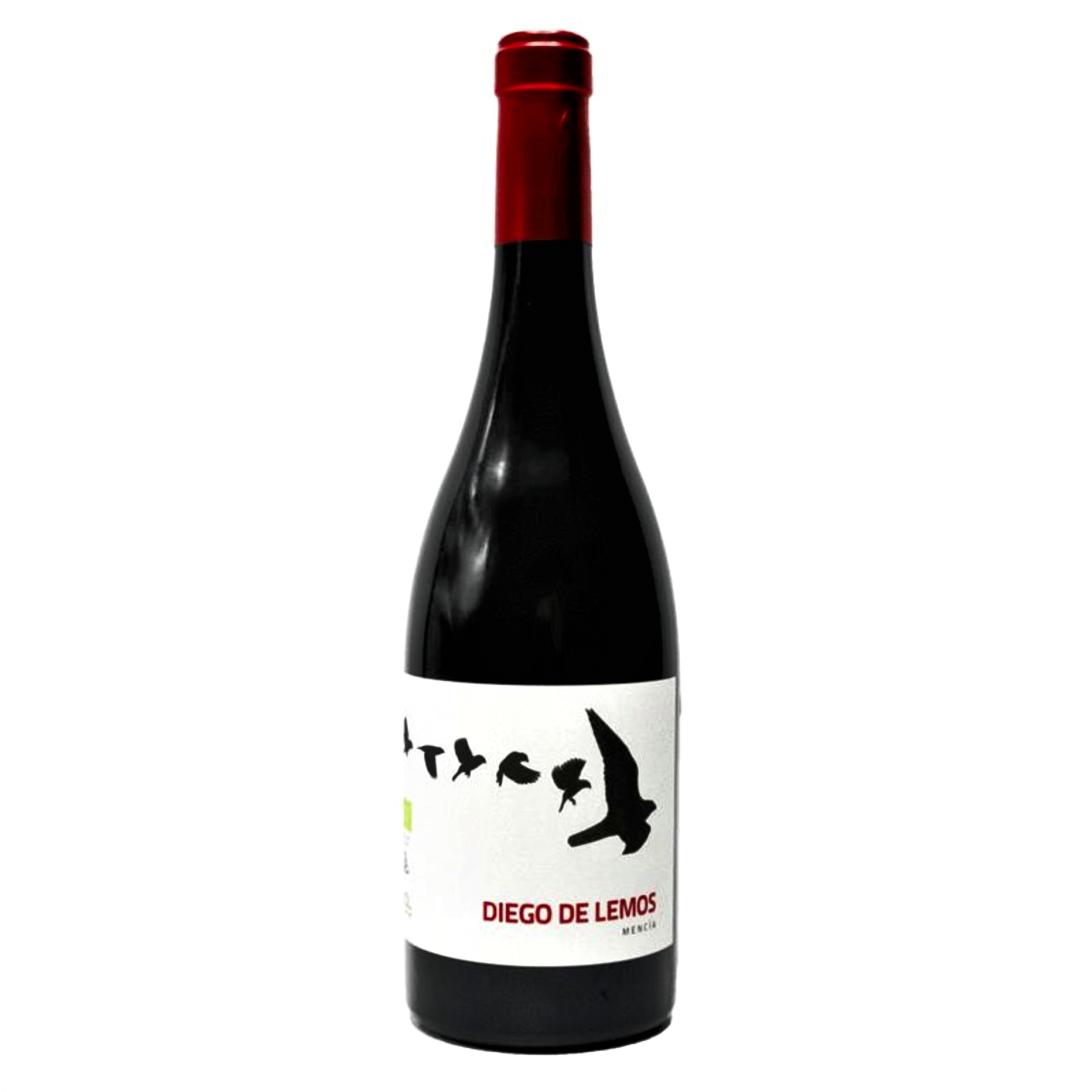 Botella de vino tinto ecológico Diego de Lemos Mencía 2018 de la D.O. Ribeira Sacra sobre fondo neutro