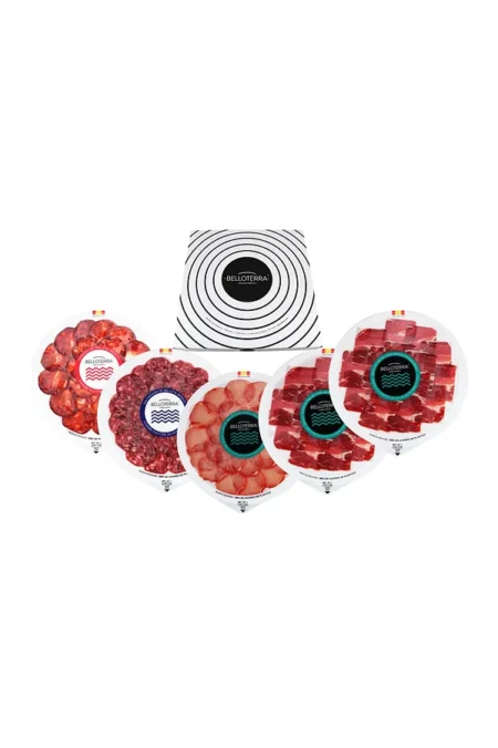 Pack Campo Belloterra con cinco bandejas de jamón, paleta, lomo, salchichón y chorizo ibéricos
