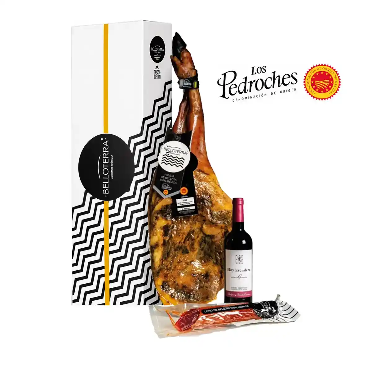 Lote Momentos Ibéricos con Paleta de Bellota 100% Ibérica DOP Los Pedroches, vino tinto y lomo ibérico