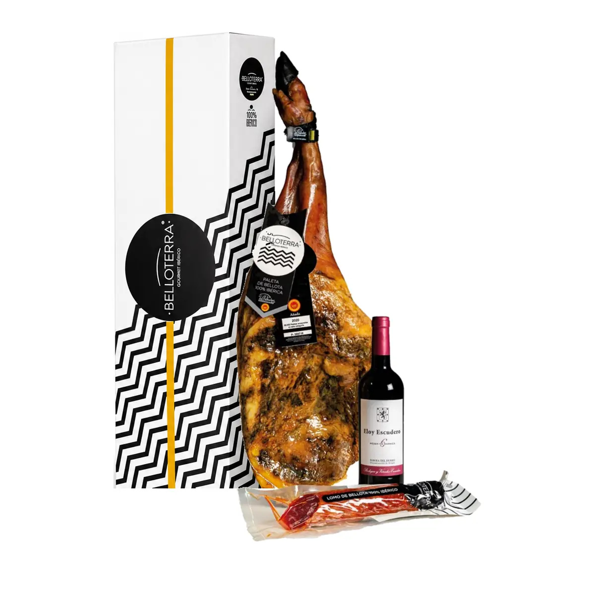 Lote con paleta de bellota 100% ibérica DOP Los Pedroches, lomo y vino