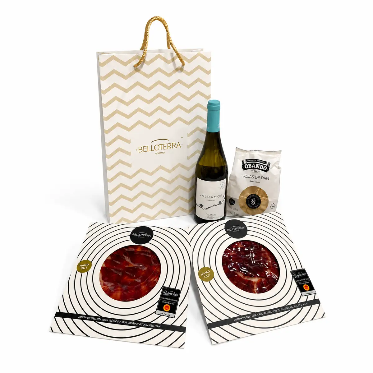 Pack gourmet con Jamón de Bellota 100% Ibérico DOP Los Pedroches, Albariño Valdamor y Hojas de Pan Obando