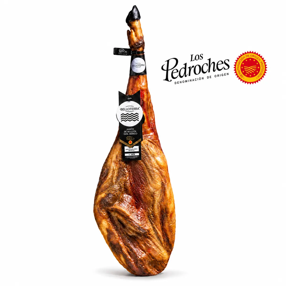 Jamón de bellota 100% ibérico DOP Los Pedroches Belloterra, pieza entera con pezuña, precinto y etiqueta negra numerada