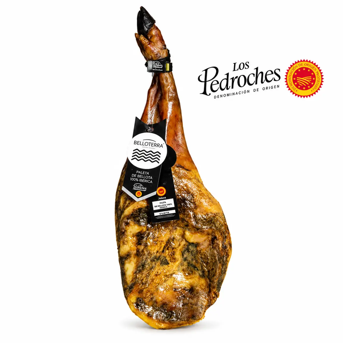 Paleta de bellota 100% ibérico DOP Los Pedroches Belloterra, pieza entera con precinto y etiqueta del Consejo Regulador